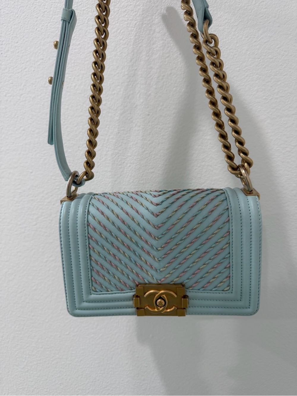 CHANEL Light Blue Chevron Quilted Boy Flap Shoulder Bag with Gold Hardware